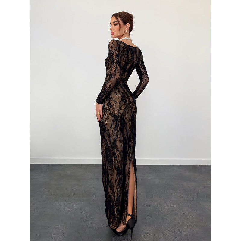 Elegant Square Neck Lace Splicing Slim Dress 2025 Style Fashionable One-Step Skirt - Image 3